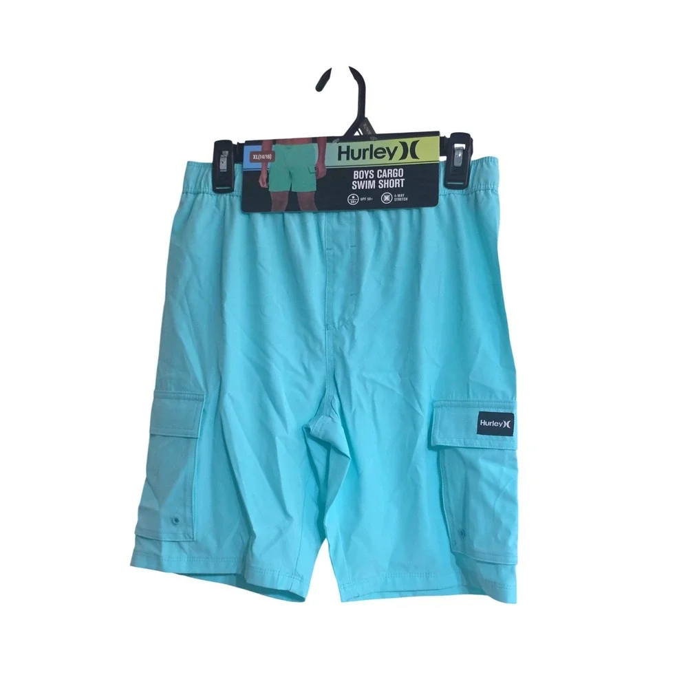 Hurley Boys Cargo Swim Shorts Aqua Blue XL 14/16 4-Way Stretch UPF 50+ NEW